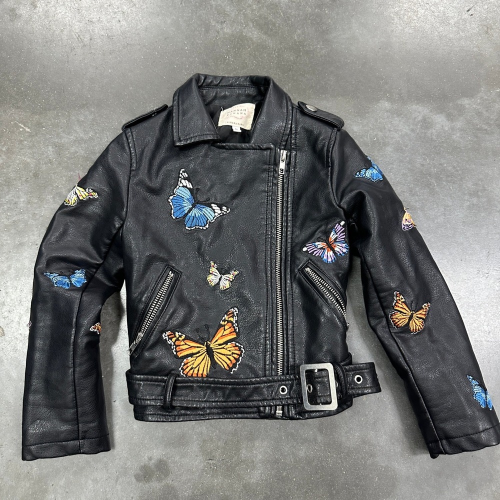 Hannah Banana Girls Black Faux Leather Butterfly Embroidered Moto Jacket Size 5